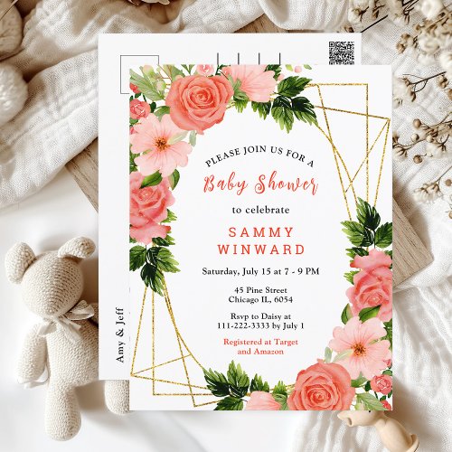 Coral Pink Red Roses Floral Baby Shower Postcard