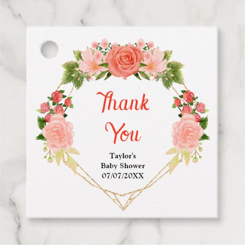 Coral Pink Red Roses Floral Baby Shower Thank You Favor Tags