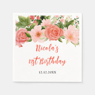 Coral Pink Red Roses Floral Birthday Napkins