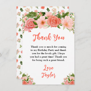 Coral Pink Red Roses Floral Birthday Party Thank You Card