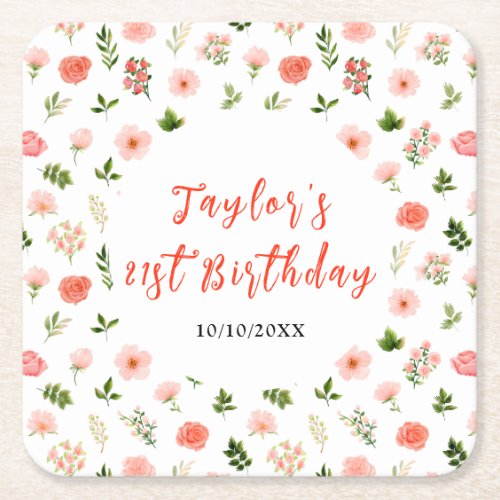 Coral Pink Red Roses Floral Birthday Square Paper Coaster