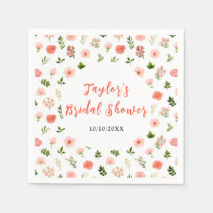 Coral Pink Red Roses Floral Bridal Shower Napkins