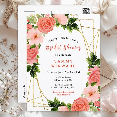 Coral Pink Red Roses Floral Bridal Shower Postcard