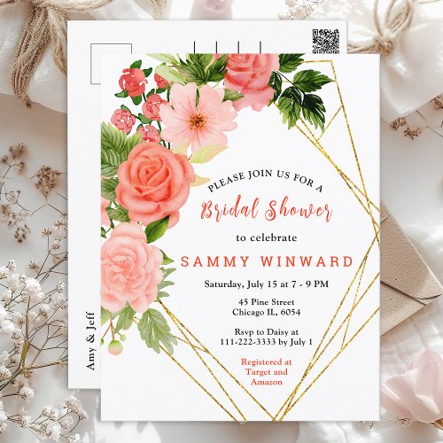 Coral Pink Red Roses Floral Bridal Shower Postcard