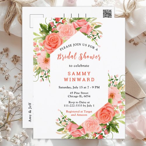 Coral Pink Red Roses Floral Bridal Shower Postcard