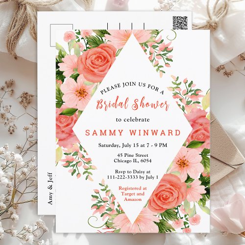 Coral Pink Red Roses Floral Bridal Shower Postcard