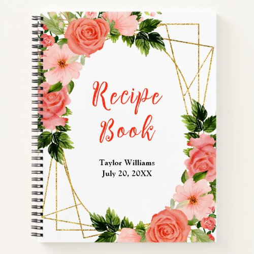 Coral Pink Red Roses Floral Recipe Book