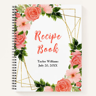Coral Pink Red Roses Floral Recipe Book