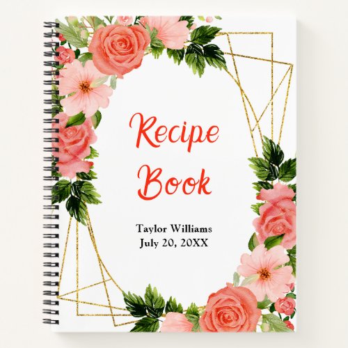 Coral Pink Red Roses Floral Recipe Book