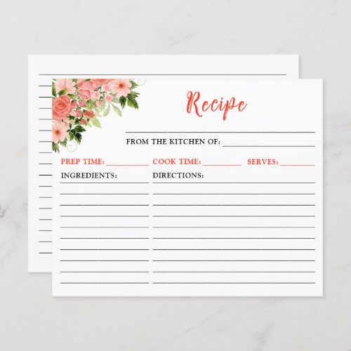 Coral Pink Red Roses Floral Recipe Card