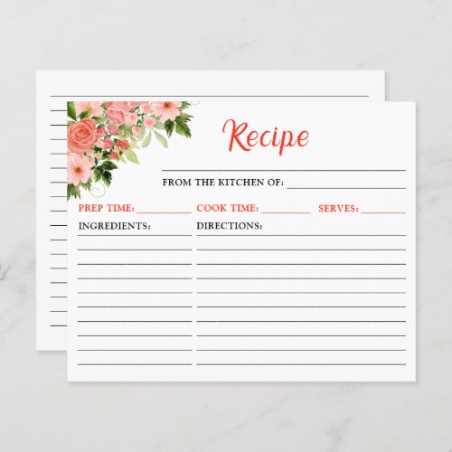 Coral Pink Red Roses Floral Recipe Card