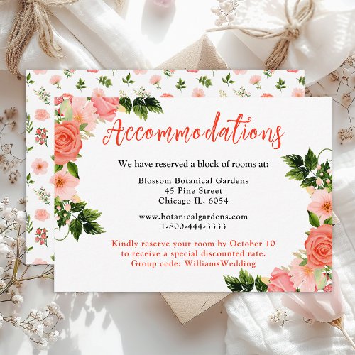 Coral Pink Red Roses Floral Wedding Accommodations Enclosure Card