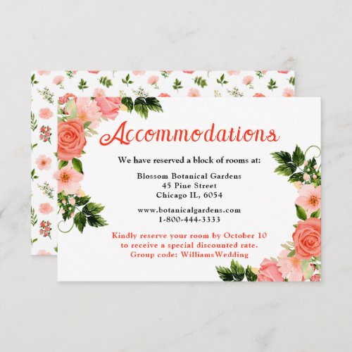 Coral Pink Red Roses Floral Wedding Accommodations Enclosure Card