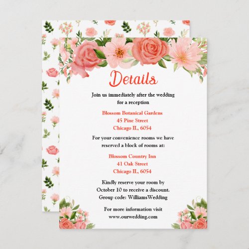 Coral Pink Red Roses Floral Wedding Details Enclosure Card