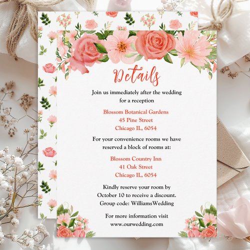 Coral Pink Red Roses Floral Wedding Details Enclosure Card