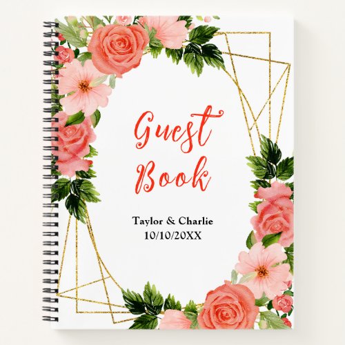 Coral Pink Red Roses Floral Wedding Guest Book