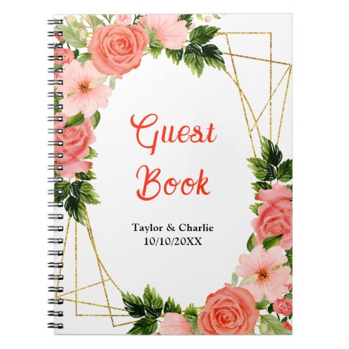 Coral Pink Red Roses Floral Wedding Guest Book