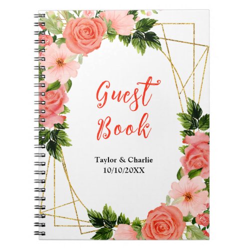 Coral Pink Red Roses Floral Wedding Guest Book