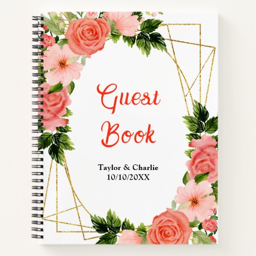 Coral Pink Red Roses Floral Wedding Guest Book