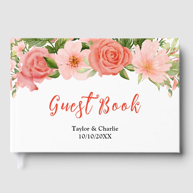 Coral Pink Red Roses Floral Wedding Guest Book (Front)
