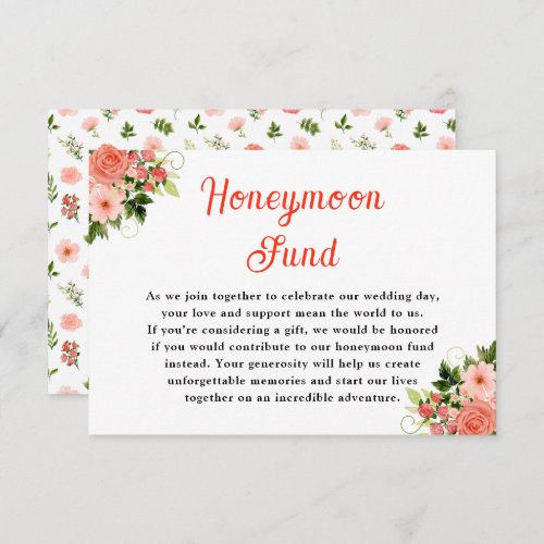 Coral Pink Red Roses Floral Wedding Honeymoon Fund Enclosure Card