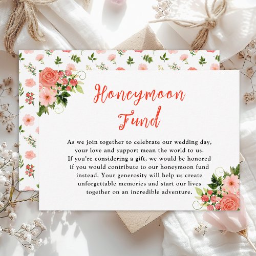 Coral Pink Red Roses Floral Wedding Honeymoon Fund Enclosure Card