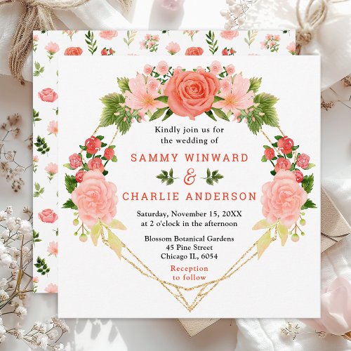 Coral Pink Red Roses Floral Wedding Invitation