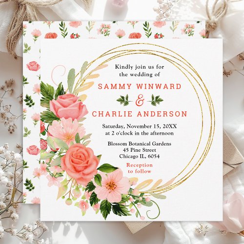 Coral Pink Red Roses Floral Wedding Invitation