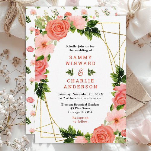 Coral Pink Red Roses Floral Wedding Invitation