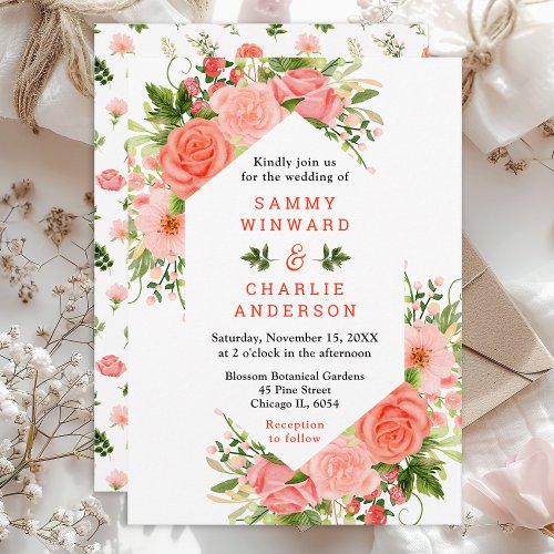 Coral Pink Red Roses Floral Wedding Invitation