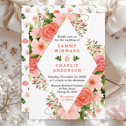 Coral Pink Red Roses Floral Wedding Invitation