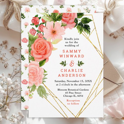 Coral Pink Red Roses Floral Wedding Invitation