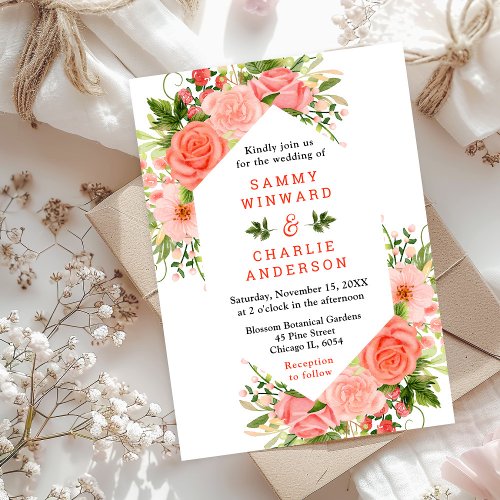 Coral Pink Red Roses Floral Wedding Invitation