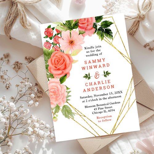 Coral Pink Red Roses Floral Wedding Invitation