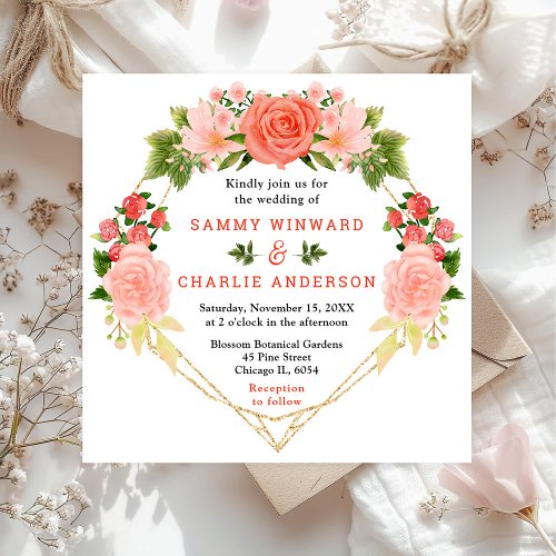 Coral Pink Red Roses Floral Wedding Invitation