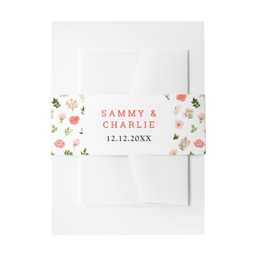 Coral Pink Red Roses Floral Wedding Invitation Belly Band