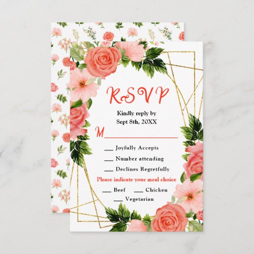 Coral Pink Red Roses Floral Wedding Meal Choice RSVP Card