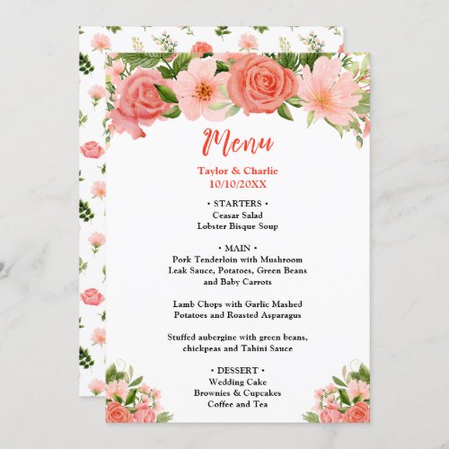 Coral Pink Red Roses Floral Wedding Menu