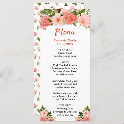 Coral Pink Red Roses Floral Wedding Menu