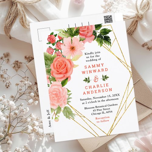 Coral Pink Red Roses Floral Wedding Postcard