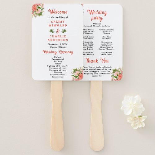 Coral Pink Red Roses Floral Wedding Program Hand Fan