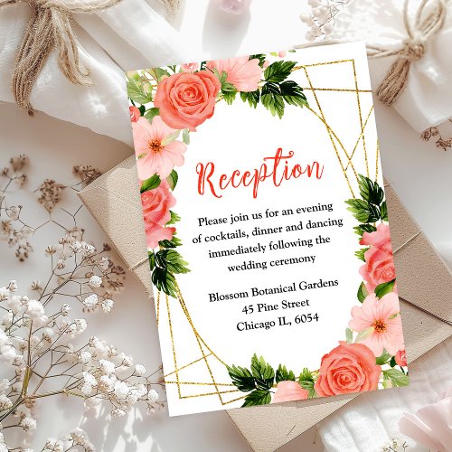 Coral Pink Red Roses Floral Wedding Reception Enclosure Card