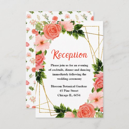 Coral Pink Red Roses Floral Wedding Reception Enclosure Card