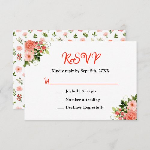 Coral Pink Red Roses Floral Wedding RSVP Card