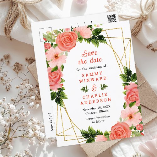 Coral Pink Red Roses Floral Wedding Save The Date Postcard