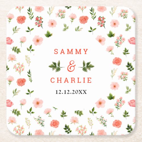 Coral Pink Red Roses Floral Wedding Square Paper Coaster