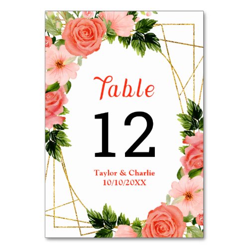 Coral Pink Red Roses Floral Wedding Table Number