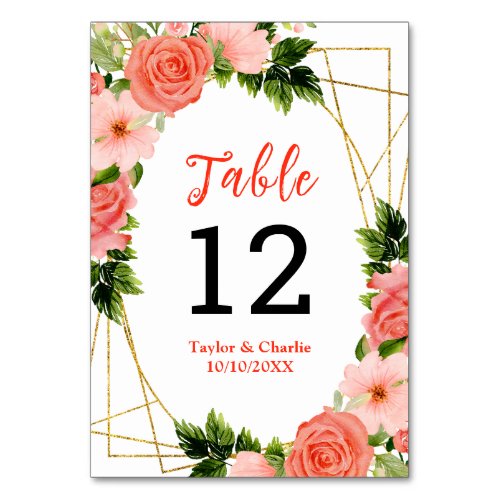 Coral Pink Red Roses Floral Wedding Table Number