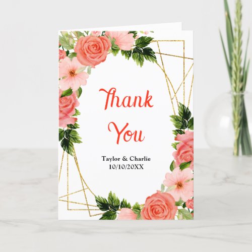 Coral Pink Red Roses Floral Wedding Thank You Card