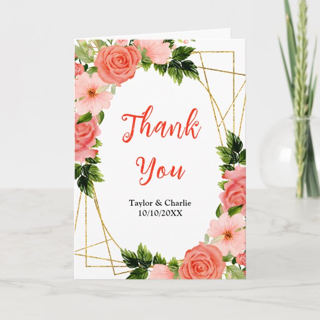 Coral Pink Red Roses Floral Wedding Thank You Card (Front)
